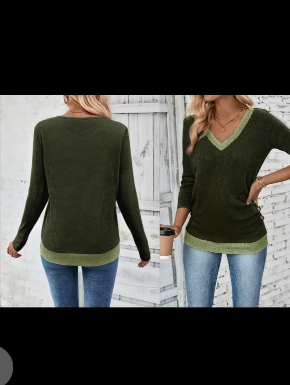 Green V-Neck Long Sleeve Contrast Trim Women's Top - NEW & SMALL - Picture 7 of 10